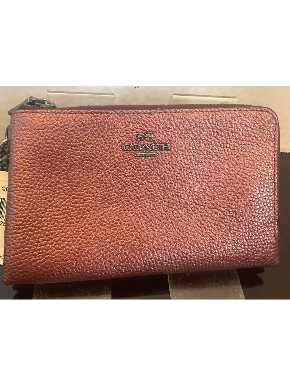 Coach Metallic Cherry Pebbled Leather Corner Double Zip Gunmetal Wallet NWT